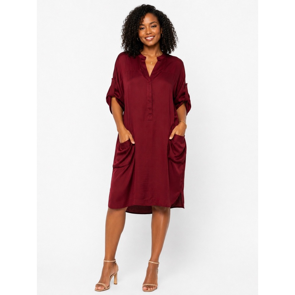 BCBGMAXAZRIA Womens Burgundy Satin Roll Tab Sleeve Pockets Shift Dress Size M